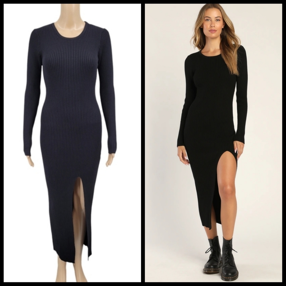 Lulus Cozy Destination Black Ribbed Knit Midi Dress Women's Medium